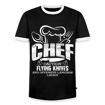 Chef Caution Flying Knives - Men's Ringer Shirt - black/white - Front - AI Model Female 172 light (172cm) & AI Model Male 178 light (178cm)