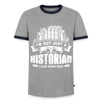 Historian Loves Beer - Men's Ringer Shirt - grey/navy  - Front - AI Model Female 172 light (172cm) & AI Model Male 178 light (178cm)