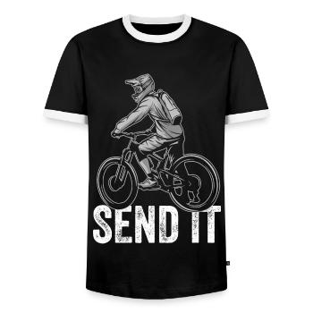 Send It Trail MTB E-Bike Elektro-Mountainbike - Männer Kontrast-T-Shirt - Schwarz/Weiß - Vorne - AI Model Female 172 light (172cm) & AI Model Male 178 light (178cm)