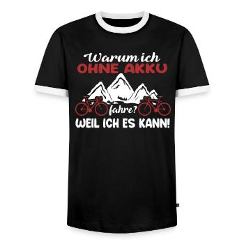 Warum ich ohne Akku fahre? Weil ich es kann! - Männer Kontrast-T-Shirt - Schwarz/Weiß - Vorne - AI Model Female 172 light (172cm) & AI Model Male 178 light (178cm)