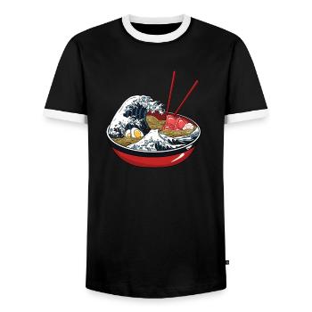 Ramen bowl with waves illustration kawaii style - Men's Ringer Shirt - black/white - Front - AI Model Female 172 light (172cm) & AI Model Male 178 light (178cm)