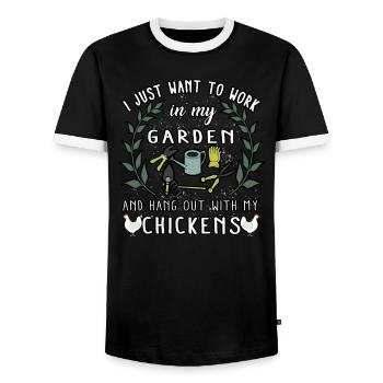 I want work in my Garden Hangout with my Chickens - Men's Ringer Shirt - black/white - Front - AI Model Female 172 light (172cm) & AI Model Male 178 light (178cm)