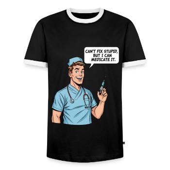 Funny Nurse Saying – Stupidity Medication - Men's Ringer Shirt - black/white - Front - AI Model Female 172 light (172cm) & AI Model Male 178 light (178cm)