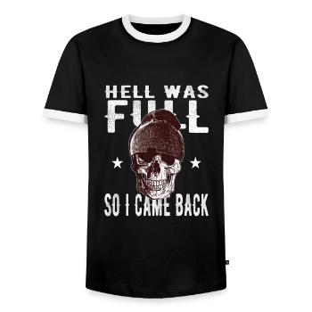 Skull - Hell was full, so I'm back - Men's Ringer Shirt - black/white - Front - AI Model Female 172 light (172cm) & AI Model Male 178 light (178cm)