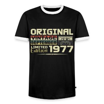 1977 - Die Legenden werden im September 1977 geboren - Männer Kontrast-T-Shirt - Schwarz/Weiß - Vorne - AI Model Female 172 light (172cm) & AI Model Male 178 light (178cm)