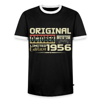 Birthday October 1956 Original | October 1956 - Men's Ringer Shirt - black/white - Front - AI Model Female 172 light (172cm) & AI Model Male 178 light (178cm)