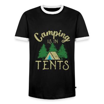 Le camping est sous les tentes - T-shirt contrasté Homme - noir/blanc - Devant - AI Model Female 172 light (172cm) & AI Model Male 178 light (178cm)