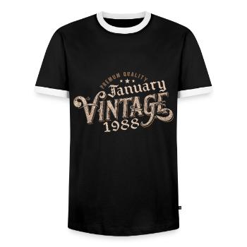 January 1988 | 1988 January Vintage Birthday - Men's Ringer Shirt - black/white - Front - AI Model Female 172 light (172cm) & AI Model Male 178 light (178cm)