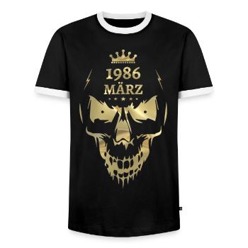 März 1986 Totenkopf Gold - Männer Kontrast-T-Shirt - Schwarz/Weiß - Vorne - AI Model Female 172 light (172cm) & AI Model Male 178 light (178cm)