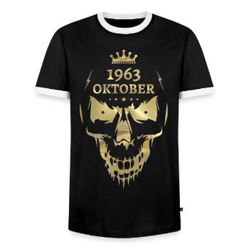Oktober 1963 Totenkopf Gold - Männer Kontrast-T-Shirt - Schwarz/Weiß - Vorne - AI Model Female 172 light (172cm) & AI Model Male 178 light (178cm)