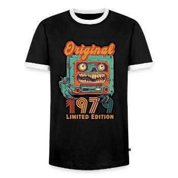 Original 1979 Limited Edition Cassette Birthday - Men's Ringer Shirt - black/white - Front - AI Model Female 172 light (172cm) & AI Model Male 178 light (178cm)