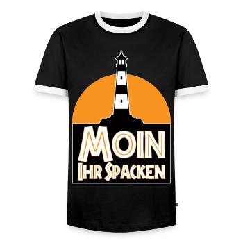 Farben änderbar | Moin Ihr Spacken - Männer Kontrast-T-Shirt - Schwarz/Weiß - Vorne - AI Model Female 172 light (172cm) & AI Model Male 178 light (178cm)