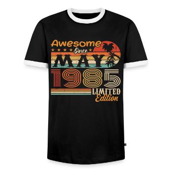 May 1985 - Year 1985 Jubilee - May 1985 - Men's Ringer Shirt - black/white - Front - AI Model Female 172 light (172cm) & AI Model Male 178 light (178cm)