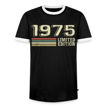 Jahrgang 1975 Geburtstag 1975 Jahrgang 1975 - Männer Kontrast-T-Shirt - Schwarz/Weiß - Vorne - AI Model Female 172 light (172cm) & AI Model Male 178 light (178cm)