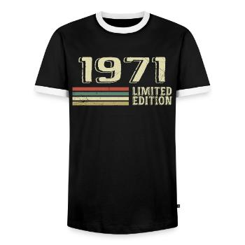 Jahrgang 1971 Geburtstag 1971 Jahrgang 1971 - Männer Kontrast-T-Shirt - Schwarz/Weiß - Vorne - AI Model Female 172 light (172cm) & AI Model Male 178 light (178cm)