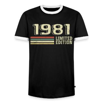 Jahrgang 1981 Geburtstag 1981 Jahrgang 1981 - Männer Kontrast-T-Shirt - Schwarz/Weiß - Vorne - AI Model Female 172 light (172cm) & AI Model Male 178 light (178cm)