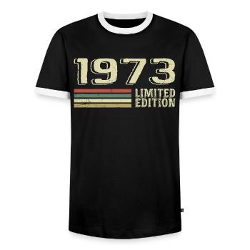 Jahrgang 1973 Geburtstag 1973 Jahrgang 1973 - Männer Kontrast-T-Shirt - Schwarz/Weiß - Vorne - AI Model Female 172 light (172cm) & AI Model Male 178 light (178cm)