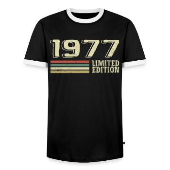 Born In 1977 Birthday 1977 Vintage 1977 - Men's Ringer Shirt - black/white - Front - AI Model Female 172 light (172cm) & AI Model Male 178 light (178cm)