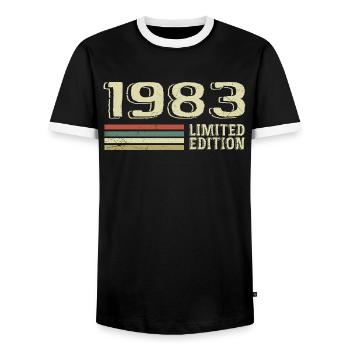 Born in 1983 Birthday 1983 Vintage 1983 - Men's Ringer Shirt - black/white - Front - AI Model Female 172 light (172cm) & AI Model Male 178 light (178cm)
