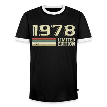 Born in 1978 Birthday 1978 Vintage 1978 - Men's Ringer Shirt - black/white - Front - AI Model Female 172 light (172cm) & AI Model Male 178 light (178cm)