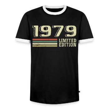Jahrgang 1979 Geburtstag 1979 Jahrgang 1979 - Männer Kontrast-T-Shirt - Schwarz/Weiß - Vorne - AI Model Female 172 light (172cm) & AI Model Male 178 light (178cm)