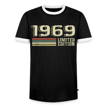 Born in 1969 Birthday 1969 Vintage 1969 - Men's Ringer Shirt - black/white - Front - AI Model Female 172 light (172cm) & AI Model Male 178 light (178cm)
