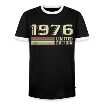 Jahrgang 1976 Geburtstag 1976 Jahrgang 1976 - Männer Kontrast-T-Shirt - Schwarz/Weiß - Vorne - AI Model Female 172 light (172cm) & AI Model Male 178 light (178cm)