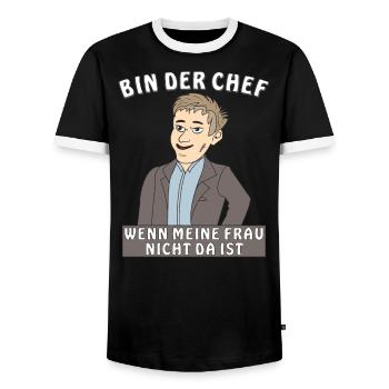 MANN BIN DER CHEF - Männer Kontrast-T-Shirt - Schwarz/Weiß - Vorne - AI Model Female 172 light (172cm) & AI Model Male 178 light (178cm)