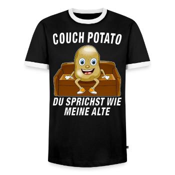 COUCH POTATO DU SPRICHST WIE MEINE ALTE - Männer Kontrast-T-Shirt - Schwarz/Weiß - Vorne - AI Model Female 172 light (172cm) & AI Model Male 178 light (178cm)