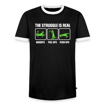 Dino The struggle is real funny T-Rex gym workout - T-shirt contrasté Homme - noir/blanc - Devant - AI Model Female 172 light (172cm) & AI Model Male 178 light (178cm)