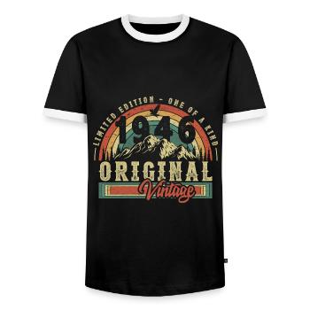 1946 Birthday Born in 1946 Retro Vintage - Men's Ringer Shirt - black/white - Front - AI Model Female 172 light (172cm) & AI Model Male 178 light (178cm)