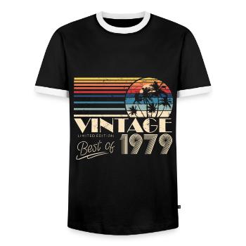 1979 Birthday Born In 1979 Retro Vintage - Men's Ringer Shirt - black/white - Front - AI Model Female 172 light (172cm) & AI Model Male 178 light (178cm)
