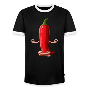 Funny Yoga Hot Chili Vegetable Meditating Jalapeno - Men's Ringer Shirt - black/white - Front - AI Model Female 172 light (172cm) & AI Model Male 178 light (178cm)