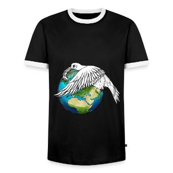 The Dove of Peace Weeps and Holds the Earth - Men's Ringer Shirt - black/white - Front - AI Model Female 172 light (172cm) & AI Model Male 178 light (178cm)