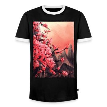 Cherry Blossoms Japan, Art Landscape Mountains Asia - Men's Ringer Shirt - black/white - Front - AI Model Female 172 light (172cm) & AI Model Male 178 light (178cm)