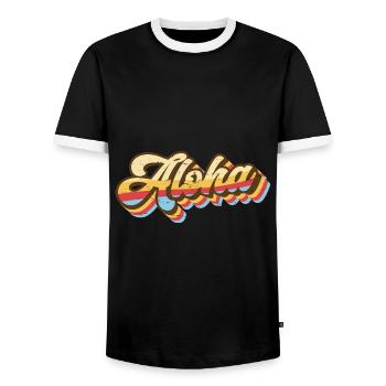 Aloha Surfer Palms Beach Retro Hawaii Beach 70s - Men's Ringer Shirt - black/white - Front - AI Model Female 172 light (172cm) & AI Model Male 178 light (178cm)