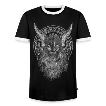 ODIN AND ITS RAVENS - Men's Ringer Shirt - black/white - Front - AI Model Female 172 light (172cm) & AI Model Male 178 light (178cm)