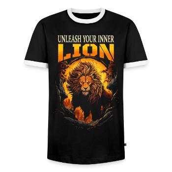 Lion, Tête de lion, Fort, Sauvage, Orgueilleux, Courageux, Royal - T-shirt contrasté Homme - noir/blanc - Devant - AI Model Female 172 light (172cm) & AI Model Male 178 light (178cm)