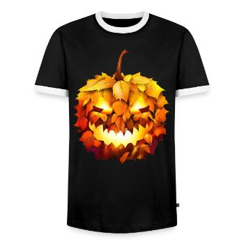 Glowing Halloween pumpkin in autumn foliage - Men's Ringer Shirt - black/white - Front - AI Model Female 172 light (172cm) & AI Model Male 178 light (178cm)