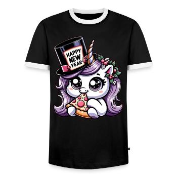 New Year Sylvester Unicorn Cute Comic Happy New Year - Men's Ringer Shirt - black/white - Front - AI Model Female 172 light (172cm) & AI Model Male 178 light (178cm)