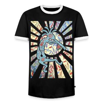 Kokopelli Musican Friend - Feathers Pattern 1 - Men's Ringer Shirt - black/white - Front - AI Model Female 172 light (172cm) & AI Model Male 178 light (178cm)