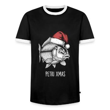 Funny Angler Christmas Petri Xmas Carp - Men's Ringer Shirt - black/white - Front - AI Model Female 172 light (172cm) & AI Model Male 178 light (178cm)