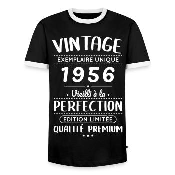 1956 – Vintage – Aged to perfection - Men's Ringer Shirt - black/white - Front - AI Model Female 172 light (172cm) & AI Model Male 178 light (178cm)