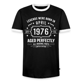 April 1976 - Männer Kontrast-T-Shirt - Schwarz/Weiß - Vorne - AI Model Female 172 light (172cm) & AI Model Male 178 light (178cm)