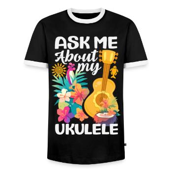 Demandez-moi à propos de mon ukulélé, un instrument hawaïen drôle - T-shirt contrasté Homme - noir/blanc - Devant - AI Model Female 172 light (172cm) & AI Model Male 178 light (178cm)