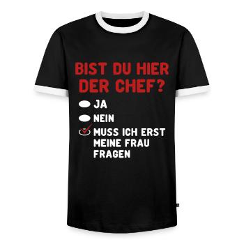 Bist Du Hier Der Chef? Frau Fragen - Männer Kontrast-T-Shirt - Schwarz/Weiß - Vorne - AI Model Female 172 light (172cm) & AI Model Male 178 light (178cm)