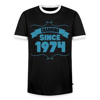 49th Birthday Party Gift Charming since 1974 - Men's Ringer Shirt - black/white - Front - AI Model Female 172 light (172cm) & AI Model Male 178 light (178cm)