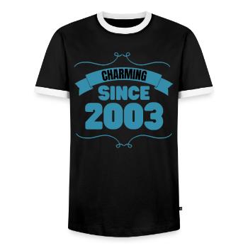 20th Birthday Party Gift Charming since 2003 - Men's Ringer Shirt - black/white - Front - AI Model Female 172 light (172cm) & AI Model Male 178 light (178cm)