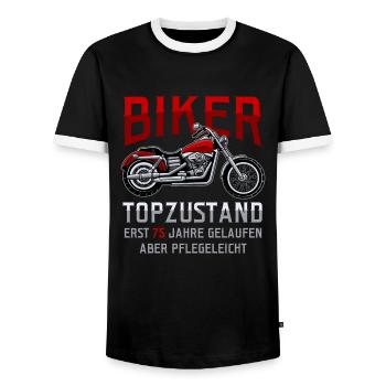 75. Geburtstag Biker Motorradfahrer Motorrad - Männer Kontrast-T-Shirt - Schwarz/Weiß - Vorne - AI Model Female 172 light (172cm) & AI Model Male 178 light (178cm)