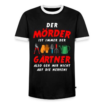 Garten Outfit Der Mörder ist immer der Gärtner - Männer Kontrast-T-Shirt - Schwarz/Weiß - Vorne - AI Model Female 172 light (172cm) & AI Model Male 178 light (178cm)
